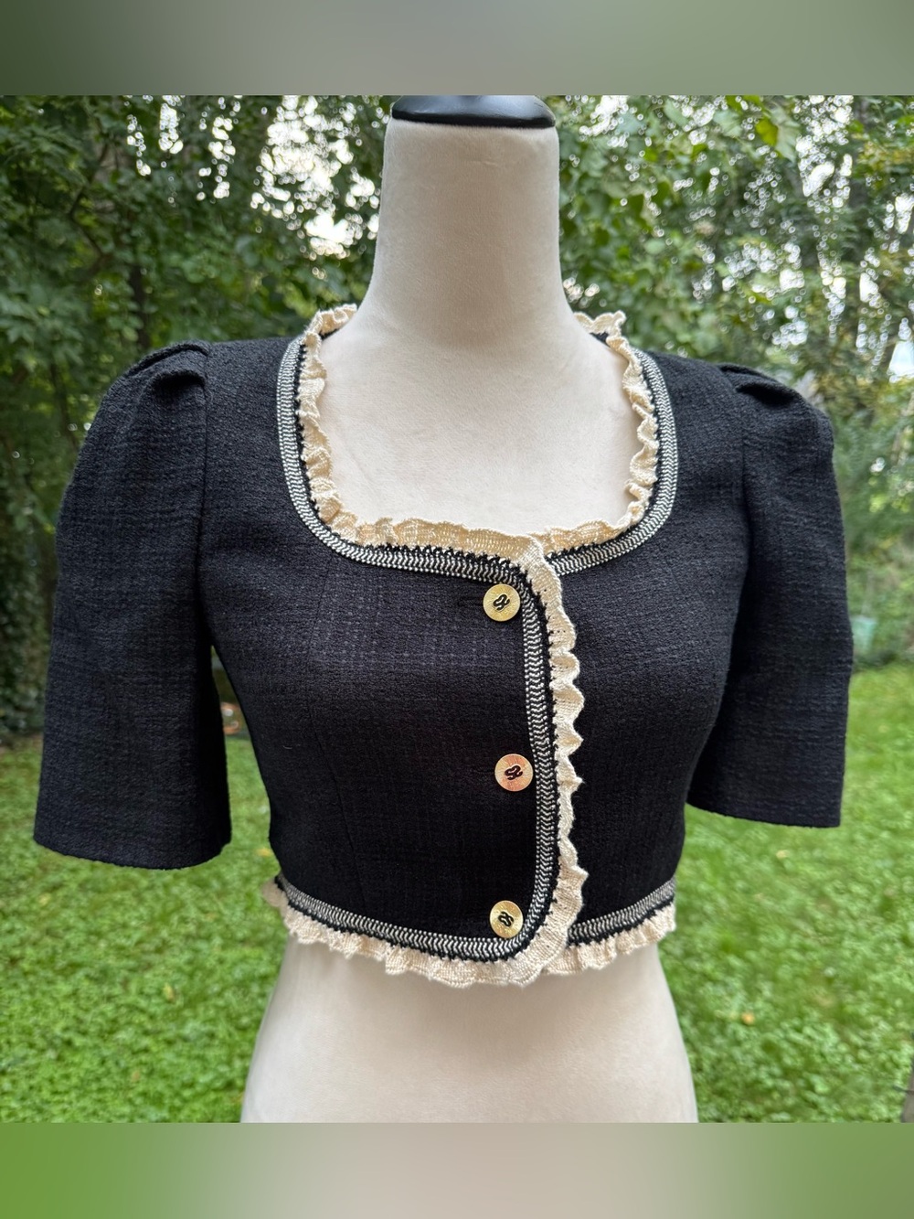 Sandro Katy Tweed Black Ruffled Trim Cropped Top/Jacket Button Front Closure XS